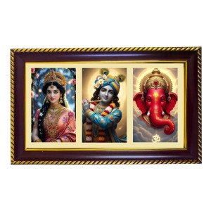 Radha-Krishna-Ganesha Photo Frame 14x10 Inch | Glossy Maroon Polystyrene Frame | Divine Wall & Table Decor | Temple Decoration & Gift Item (Pack Of 1) (F21319)