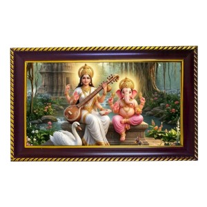 Mata Sarswati Photo Frame 14x10 Inch | Glossy Maroon Polystyrene Frame | Divine Wall & Table Decor | Temple Decoration & Gift Item (Pack Of 1) (F20624)