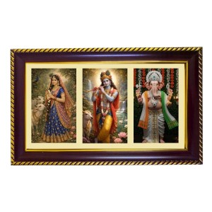 Radha-Krishna-Ganpati Photo Frame 14x10 Inch | Glossy Maroon Polystyrene Frame | Divine Wall & Table Decor | Temple Decoration & Gift Item (Pack Of 1) (F21338)