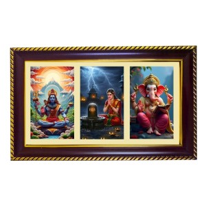 Shiva-Parvti-Ganpati Photo Frame 8x4 Inch | Glossy Maroon Polystyrene Frame | Divine Wall & Table Decor | Temple Decoration & Gift Item (Pack Of 1) (F20826)