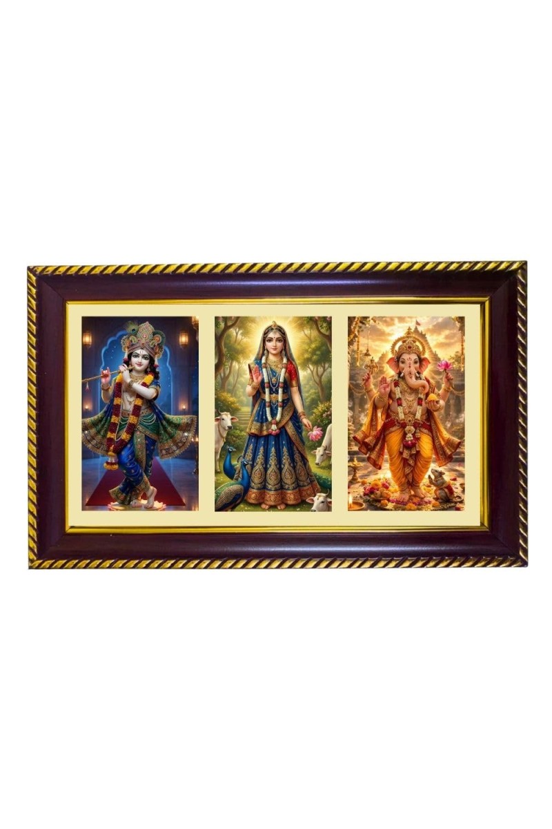 Krishna-Radha-Ganesha Photo Frame 14x10 Inch | Glossy Maroon Polystyrene Frame | Divine Wall & Table Decor | Temple Decoration & Gift Item (Pack Of 1) (F21049)