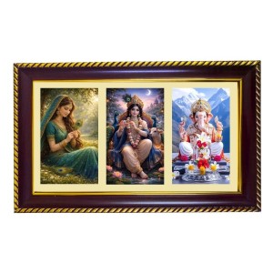 Radha-Krishna-Ganesha Photo Frame 12x8 Inch | Glossy Maroon Polystyrene Frame | Divine Wall & Table Decor | Temple Decoration & Gift Item (Pack Of 1) (F21321)