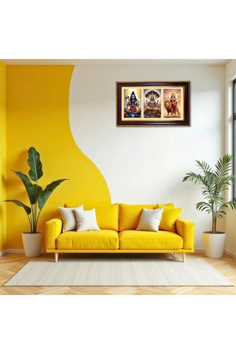 Shiva-Vishnu-Durga Photo Frame 8x4 Inch | Glossy Maroon Polystyrene Frame | Divine Wall & Table Decor | Temple Decoration & Gift Item (Pack Of 1) (F21350)