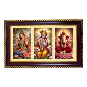 Radha-Krishna-Ganpati Photo Frame 14x10 Inch | Glossy Maroon Polystyrene Frame | Divine Wall & Table Decor | Temple Decoration & Gift Item (Pack Of 1) (F21339)