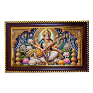 Mata Saraswati Photo Frame 8x4 Inch | Glossy Maroon Polystyrene Frame | Divine Wall & Table Decor | Temple Decoration & Gift Item (Pack Of 1) (F20595)