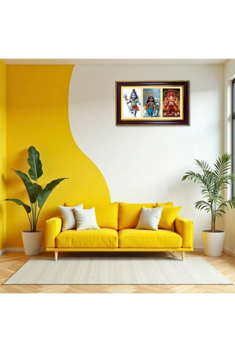 Shiva -Parvti-Ganesha Photo Frame 8x4 Inch | Glossy Maroon Polystyrene Frame | Divine Wall & Table Decor | Temple Decoration & Gift Item (Pack Of 1) (F21238)
