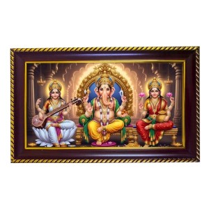 Mata Lakshmi, Lord Ganesh & Mata Saraswati Photo Frame 8x4 Inch | Glossy Maroon Polystyrene Frame | Divine Wall & Table Decor | Temple Decoration & Gift Item (Pack Of 1) (F20464)