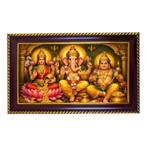 Mata Lakshmi, Lord Ganesh & Lord Kuber Photo Frame 8x4 Inch | Glossy Maroon Polystyrene Frame | Divine Wall & Table Decor | Temple Decoration & Gift Item (Pack Of 1) (F20462)