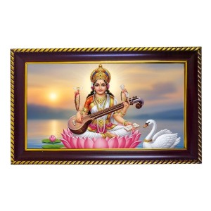 Mata Sarswati Photo Frame 10x6 Inch | Glossy Maroon Polystyrene Frame | Divine Wall & Table Decor | Temple Decoration & Gift Item (Pack Of 1) (F20615)