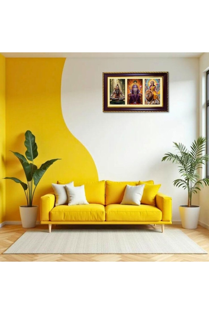 Shiva-Vishnu-Durga Photo Frame 8x4 Inch | Glossy Maroon Polystyrene Frame | Divine Wall & Table Decor | Temple Decoration & Gift Item (Pack Of 1) (F21356)