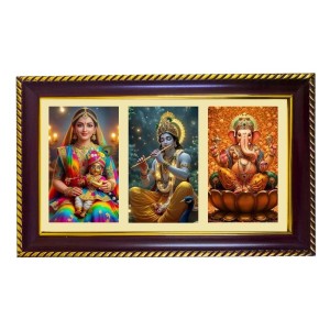 Radha-Krishna-Ganpati Photo Frame 8x4 Inch | Glossy Maroon Polystyrene Frame | Divine Wall & Table Decor | Temple Decoration & Gift Item (Pack Of 1) (F21335)