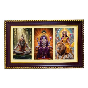 Shiva-Vishnu-Durga Photo Frame 8x4 Inch | Glossy Maroon Polystyrene Frame | Divine Wall & Table Decor | Temple Decoration & Gift Item (Pack Of 1) (F21356)
