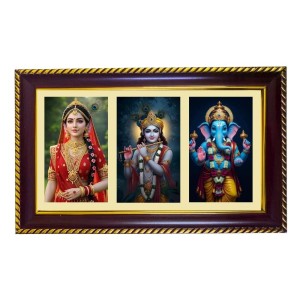 Radha-Krishna-Ganesha Photo Frame 12x8 Inch | Glossy Maroon Polystyrene Frame | Divine Wall & Table Decor | Temple Decoration & Gift Item (Pack Of 1) (F21317)