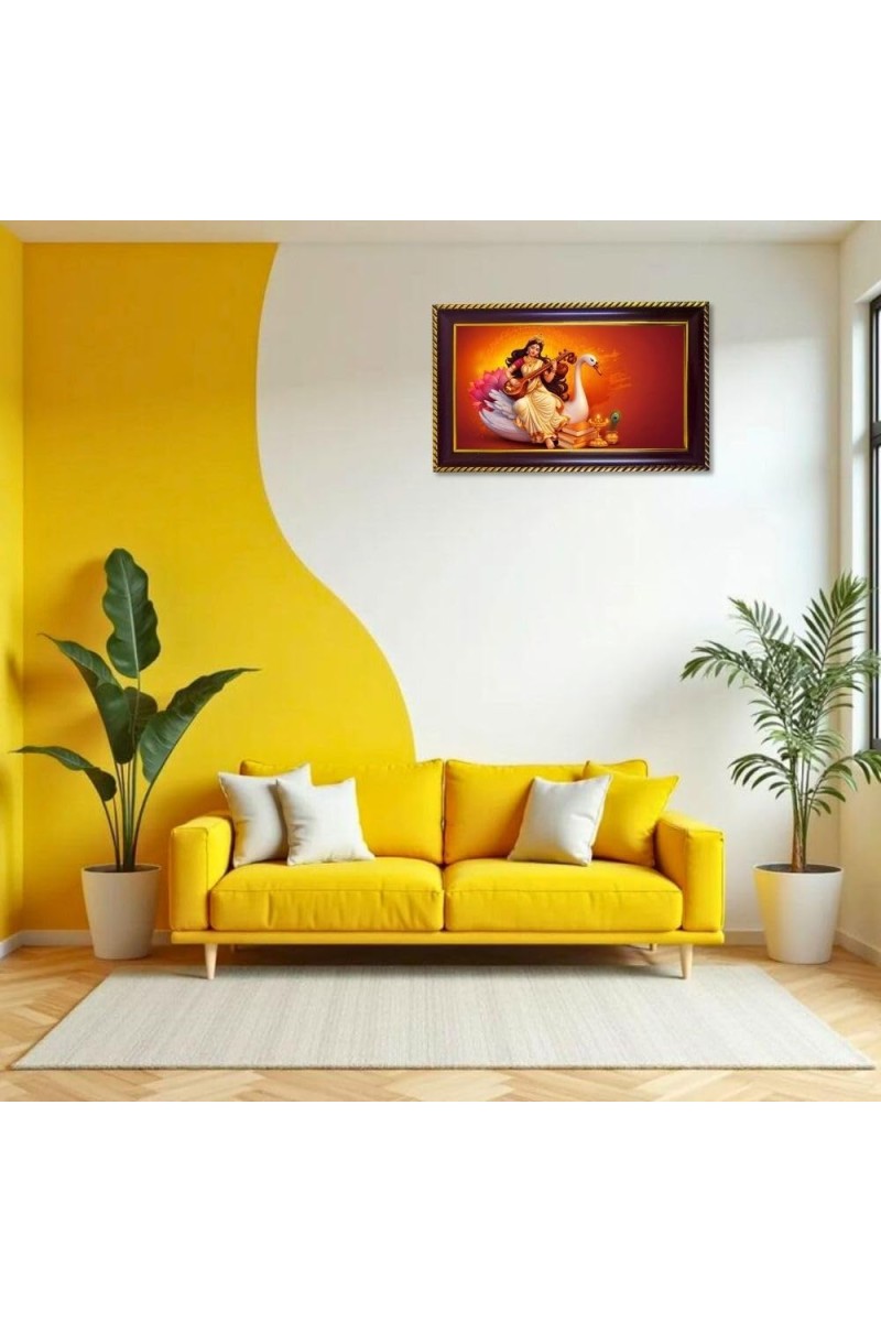 Mata Sarswati Photo Frame 14x10 Inch | Glossy Maroon Polystyrene Frame | Divine Wall & Table Decor | Temple Decoration & Gift Item (Pack Of 1) (F20626)