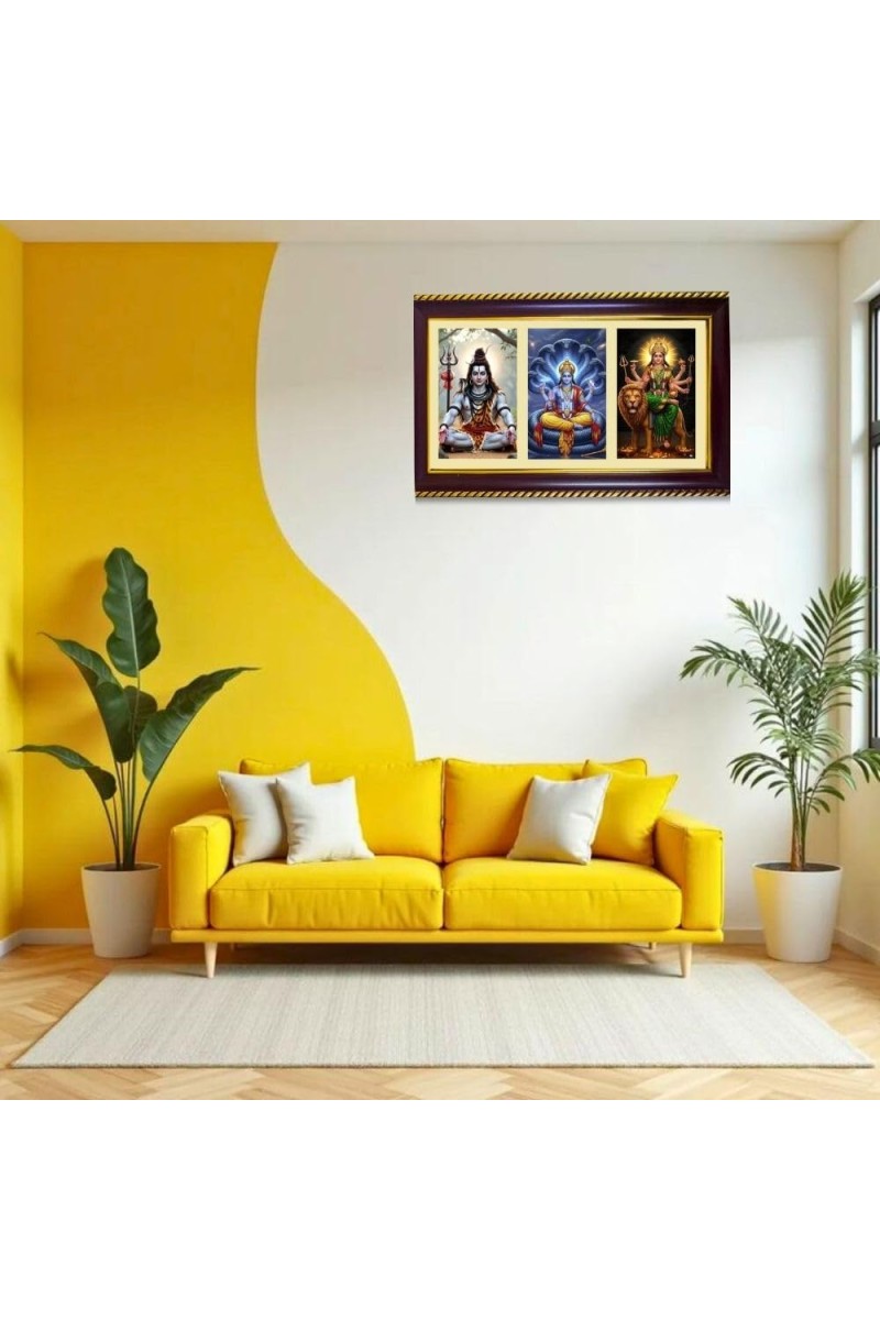 Shiva-Vishnu-Durga Photo Frame 12x8 Inch | Glossy Maroon Polystyrene Frame | Divine Wall & Table Decor | Temple Decoration & Gift Item (Pack Of 1) (F21371)