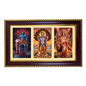 Shiva-Vishnu-Durga Photo Frame 8x4 Inch | Glossy Maroon Polystyrene Frame | Divine Wall & Table Decor | Temple Decoration & Gift Item (Pack Of 1) (F21378)