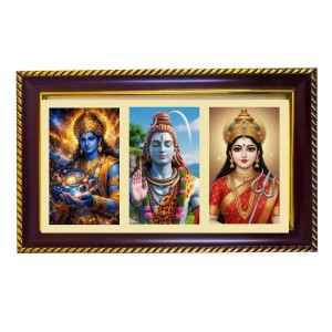 Shiva-Vishnu-Parvti Photo Frame 8x4 Inch | Glossy Maroon Polystyrene Frame | Divine Wall & Table Decor | Temple Decoration & Gift Item (Pack Of 1) (F21131)