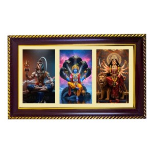 Shiva-Vishnu-Durga Photo Frame 8x4 Inch | Glossy Maroon Polystyrene Frame | Divine Wall & Table Decor | Temple Decoration & Gift Item (Pack Of 1) (F21349)