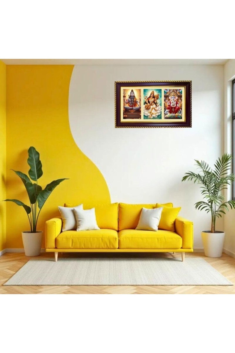 Shiva-Sarswati-Ganesha Photo Frame 12x8 Inch | Glossy Maroon Polystyrene Frame | Divine Wall & Table Decor | Temple Decoration & Gift Item (Pack Of 1) (F21013)