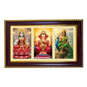Lakshmi-Ganesha-Kartikeya Photo Frame 8x4 Inch | Glossy Maroon Polystyrene Frame | Divine Wall & Table Decor | Temple Decoration & Gift Item (Pack Of 1) (F20751)