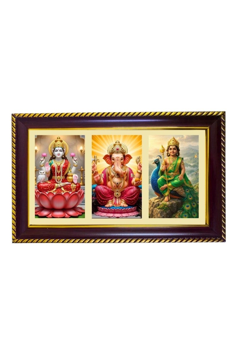 Lakshmi-Ganesha-Kartikeya Photo Frame 8x4 Inch | Glossy Maroon Polystyrene Frame | Divine Wall & Table Decor | Temple Decoration & Gift Item (Pack Of 1) (F20751)