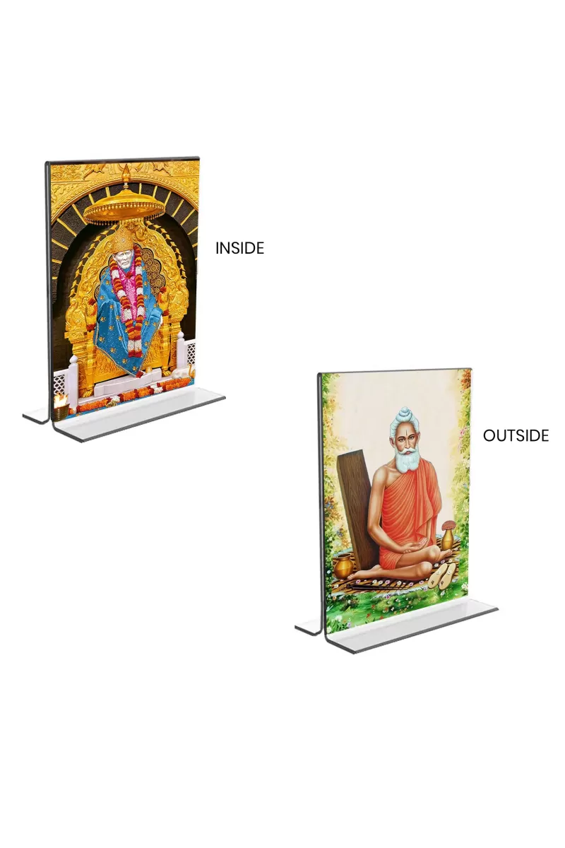 Car Desk/Table Top Sai Baba & Lokenath Baba  Acrylic T-Style Photo Stand - 2.5x3.5 Inches, Compact And Stylish Spiritual Display, Easily Change  2 Photos ( Pack Of 1 ) (F9226)
