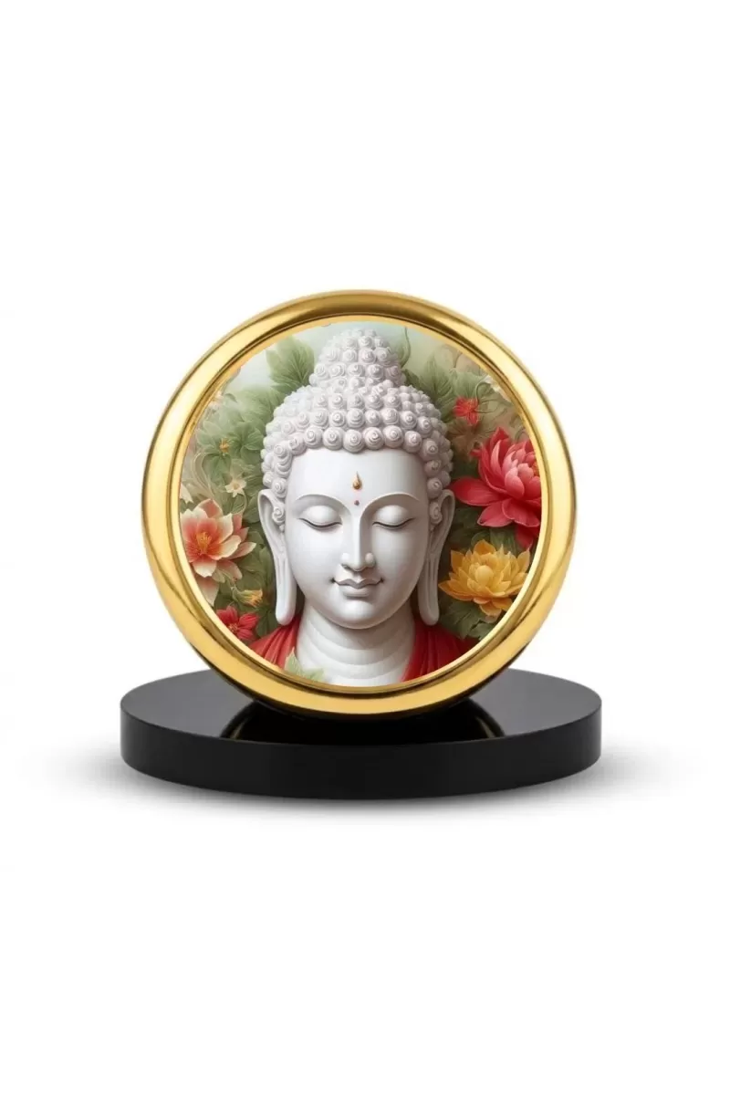 Car Dashboard/Table Top Gautama Buddha Metal Golden Photo Stand  2x2 Inches, Compact & Stylish Spiritual Display For Car, Home & Office (Pack Of 1) (F24581)