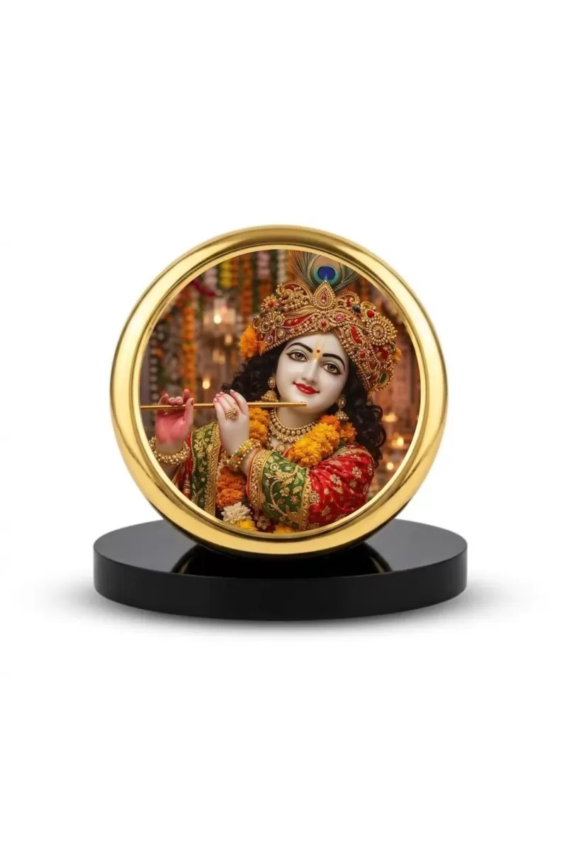 Car Dashboard/Table Top Lord Krishna Metal Golden Photo Stand  2x2 Inches, Compact & Stylish Spiritual Display For Car, Home & Office (Pack Of 1) (F24586)