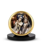 Car Dashboard/Table Top  Radha-Krishna Metal Golden Photo Stand  2x2 Inches, Compact & Stylish Spiritual Display For Car, Home & Office (Pack Of 1) (F24584)