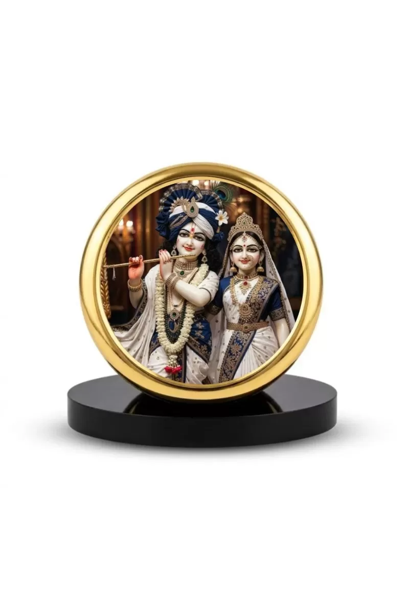 Car Dashboard/Table Top  Radha-Krishna Metal Golden Photo Stand  2x2 Inches, Compact & Stylish Spiritual Display For Car, Home & Office (Pack Of 1) (F24584)