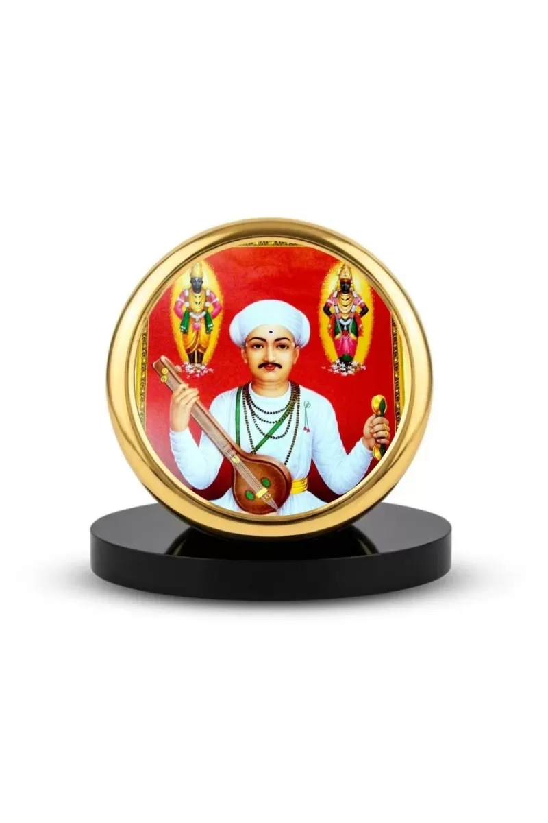 Car Dashboard/Table Top  Sant Tukaram Maharaj With Lord Vitthal And Rukmini In The Background Metal Golden Photo Stand &acirc;&euro;&ldquo; 2x2 Inches, Compact & Stylish Spiritual Display For Car, Home & Office (Pack Of 1) (F24589)