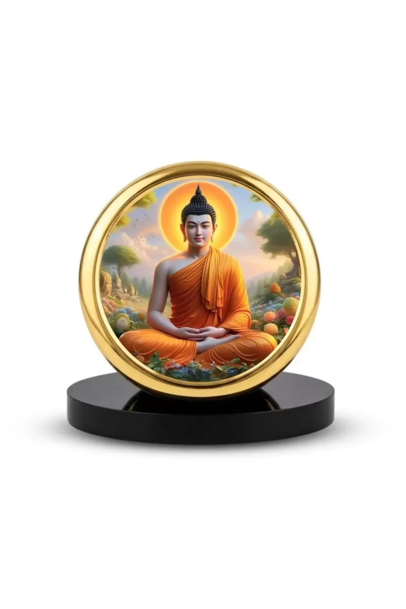 Car Dashboard/Table Top Gautama Buddha Metal Golden Photo Stand  2x2 Inches, Compact & Stylish Spiritual Display For Car, Home & Office (Pack Of 1) (F24860)