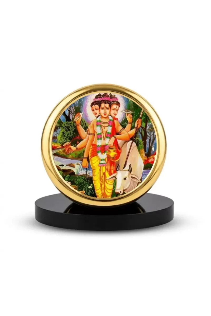 Car Dashboard/Table Top Lord Dattatreya Metal Golden Photo Stand  2x2 Inches, Compact & Stylish Spiritual Display For Car, Home & Office (Pack Of 1) (F24853)