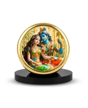 Car Dashboard/Table Top  Radha Krishna Metal Golden Photo Stand  2x2 Inches, Compact & Stylish Spiritual Display For Car, Home & Office (Pack Of 1) (F24854)