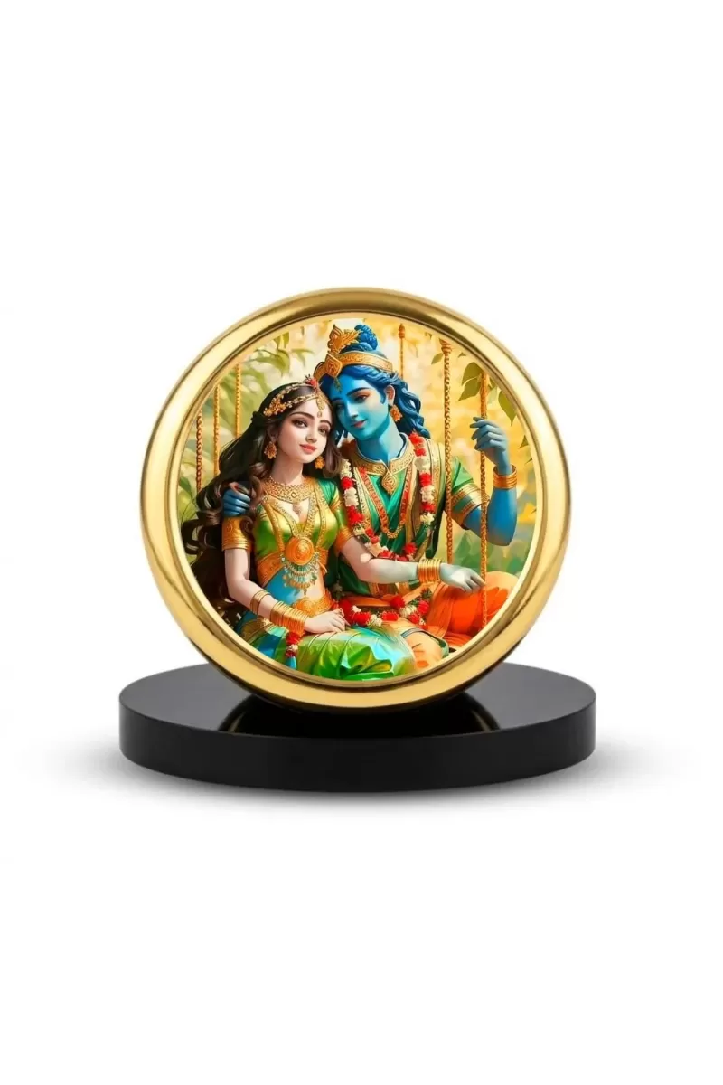 Car Dashboard/Table Top  Radha Krishna Metal Golden Photo Stand  2x2 Inches, Compact & Stylish Spiritual Display For Car, Home & Office (Pack Of 1) (F24854)