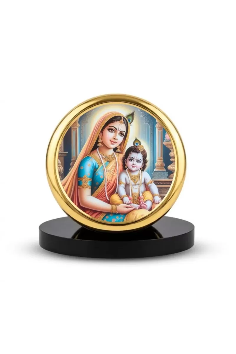 Car Dashboard/Table Top  Yashoda And Krishna Metal Golden Photo Stand  2x2 Inches, Compact & Stylish Spiritual Display For Car, Home & Office (Pack Of 1) (F24855)