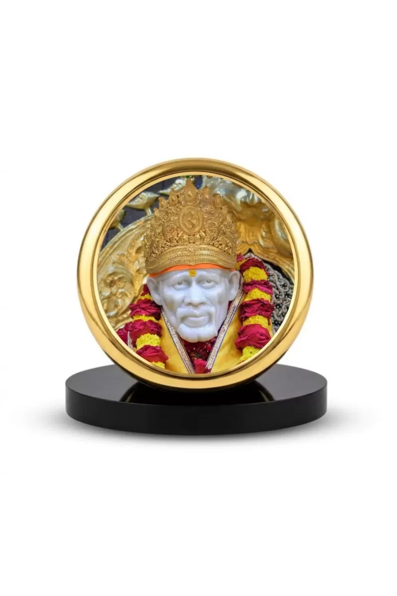 Car Dashboard/Table Top Sai Baba Metal Golden Photo Stand  2x2 Inches, Compact & Stylish Spiritual Display For Car, Home & Office (Pack Of 1) (F24600)