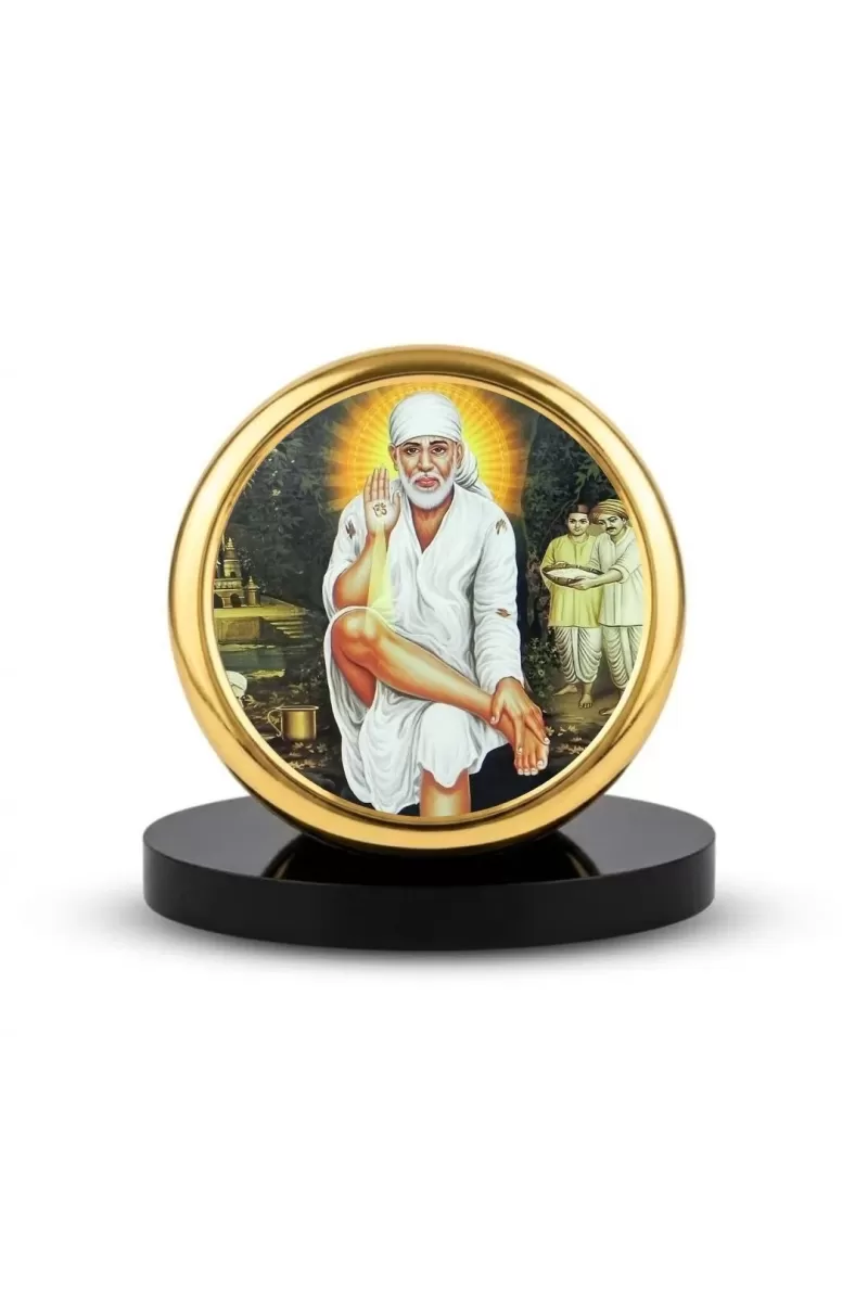 Car Dashboard/Table Top Sai Baba Metal Golden Photo Stand  2x2 Inches, Compact & Stylish Spiritual Display For Car, Home & Office (Pack Of 1) (F24601)