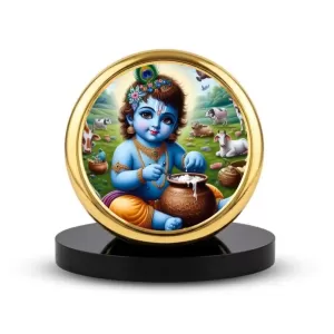 Car Dashboard/Table Top Lord Krishna Metal Golden Photo Stand  2x2 Inches, Compact & Stylish Spiritual Display For Car, Home & Office (Pack Of 1) (F24861)