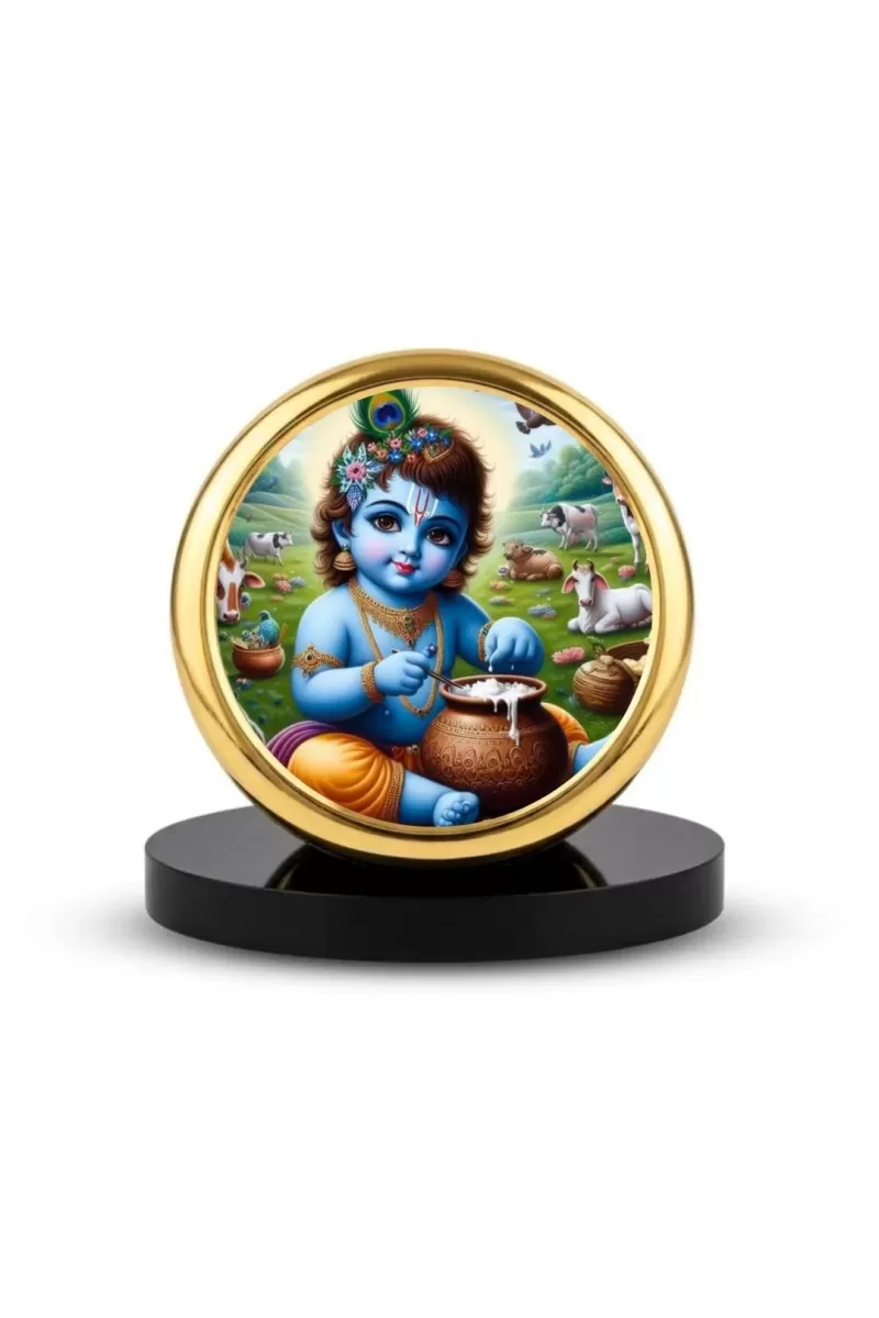 Car Dashboard/Table Top Lord Krishna Metal Golden Photo Stand  2x2 Inches, Compact & Stylish Spiritual Display For Car, Home & Office (Pack Of 1) (F24861)