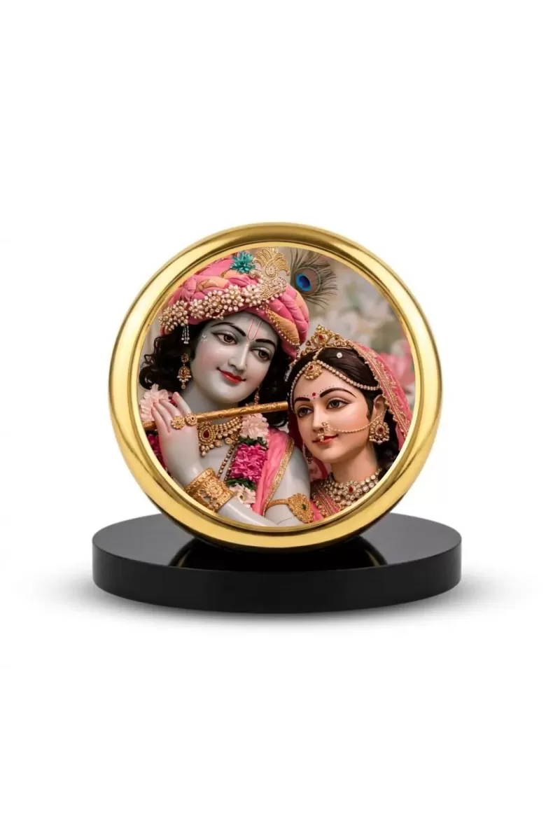 Car Dashboard/Table Top  Radha Krishna Metal Golden Photo Stand  2x2 Inches, Compact & Stylish Spiritual Display For Car, Home & Office (Pack Of 1) (F24864)