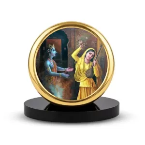 Car Dashboard/Table Top Lord Krishna And Meera Bai Metal Golden Photo Stand 2x2 Inches, Compact & Stylish Spiritual Display For Car, Home & Office (Pack Of 1) (F24606) Car Dashboard/Table Top Lord Krishna And Meera Bai Metal Golden Photo Stand 2x2 Inches, Compact & Stylish Spiritual Display For Car, Home & Office (Pack Of 1) (F24606)