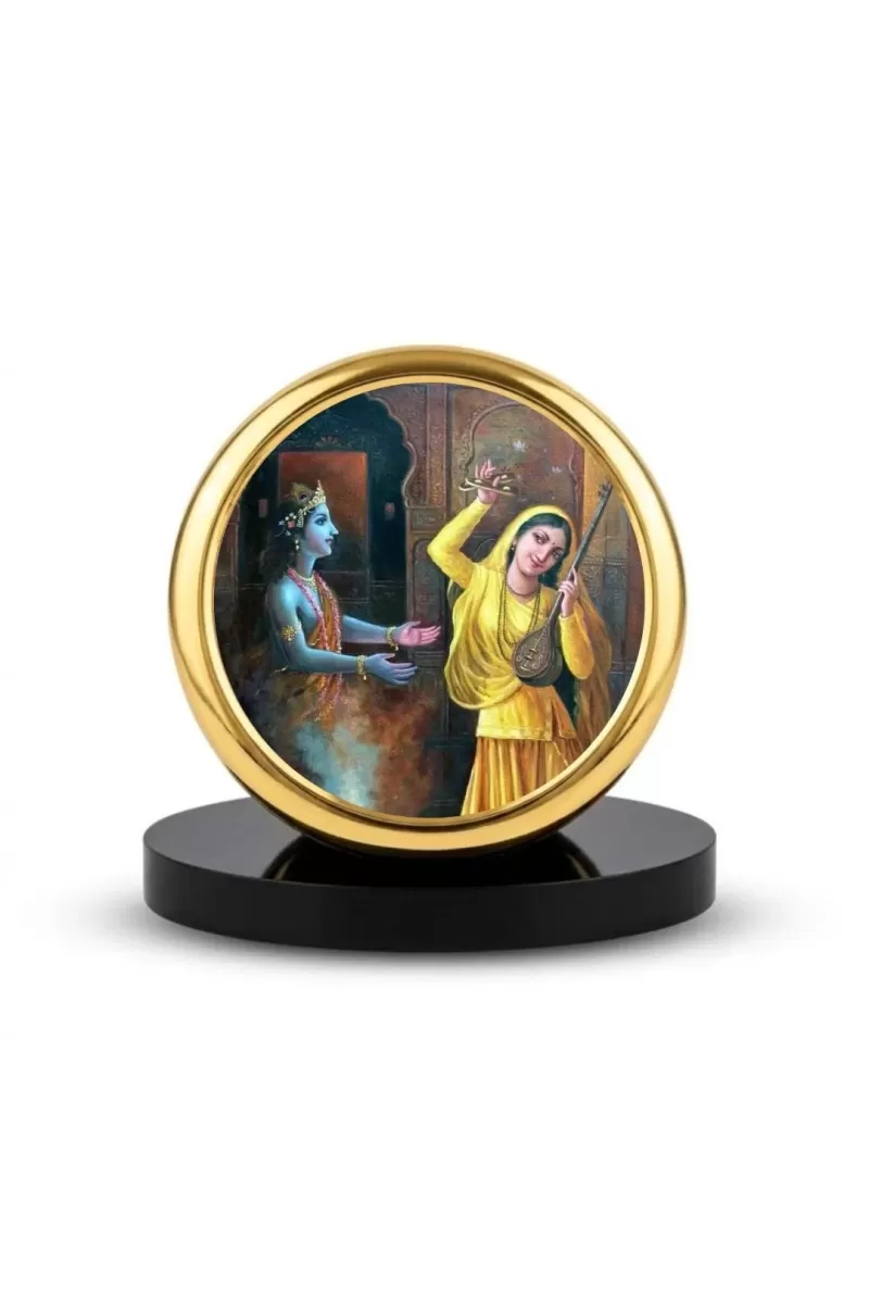 Car Dashboard/Table Top Lord Krishna And Meera Bai Metal Golden Photo Stand  2x2 Inches, Compact & Stylish Spiritual Display For Car, Home & Office (Pack Of 1) (F24606)