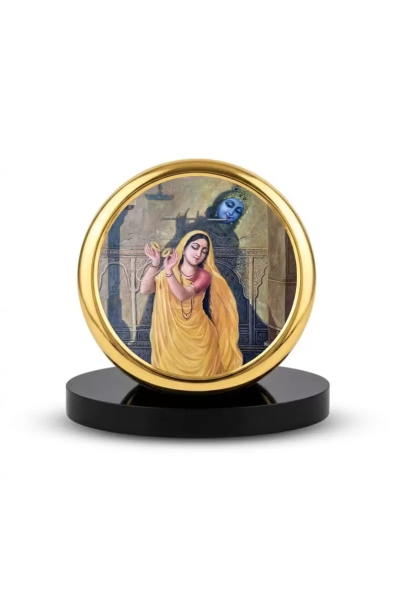 Car Dashboard/Table Top  Lord Krishna And Meera Bai Metal Golden Photo Stand  2x2 Inches, Compact & Stylish Spiritual Display For Car, Home & Office (Pack Of 1) (F24607)