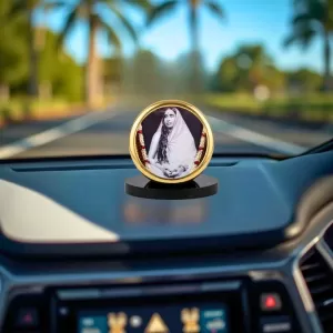 Car Dashboard/Table Top Sri Sarada Devi Metal Golden Photo Stand  2x2 Inches, Compact & Stylish Spiritual Display For Car, Home & Office (Pack Of 1) (F24609)