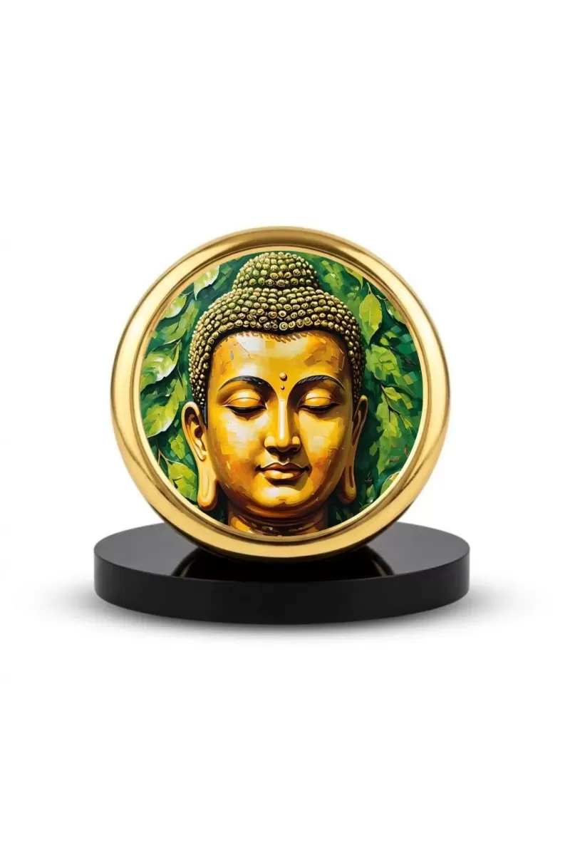 Car Dashboard/Table Top  Gautam Buddha Metal Golden Photo Stand  2x2 Inches, Compact & Stylish Spiritual Display For Car, Home & Office (Pack Of 1) (F24629)