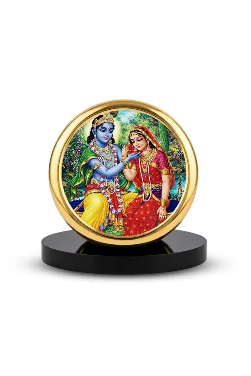 Car Dashboard/Table Top  Radha Krishna Metal Golden Photo Stand  2x2 Inches, Compact & Stylish Spiritual Display For Car, Home & Office (Pack Of 1) (F24627)