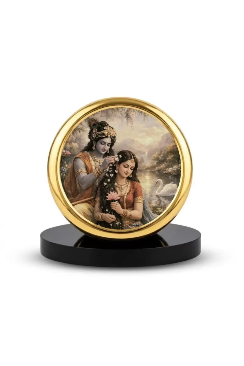 Car Dashboard/Table Top  Radha Krishna Metal Golden Photo Stand  2x2 Inches, Compact & Stylish Spiritual Display For Car, Home & Office (Pack Of 1) (F24626)