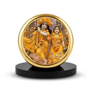 Car Dashboard/Table Top Radha And Krishna Metal Golden Photo Stand  2x2 Inches, Compact & Stylish Spiritual Display For Car, Home & Office (Pack Of 1) (F24624)