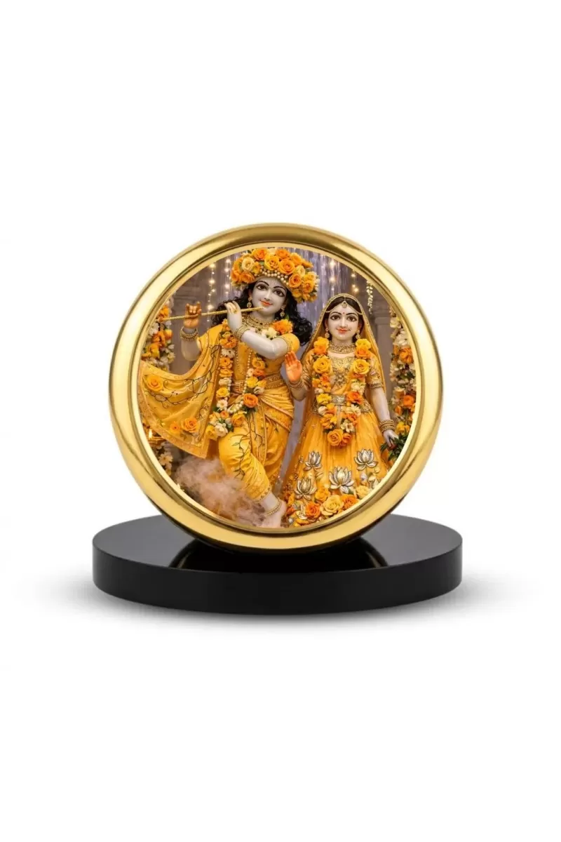 Car Dashboard/Table Top Radha And Krishna Metal Golden Photo Stand  2x2 Inches, Compact & Stylish Spiritual Display For Car, Home & Office (Pack Of 1) (F24624)